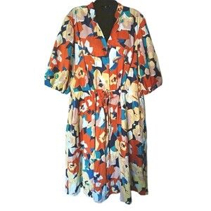 52seven Puff Sleeve Dress Size 16 Colorful Floral Drawstring Waist Pockets